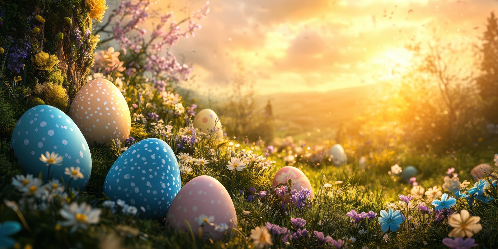 Colorful Easter eggs placed among blooming flowers at sunset create a serene spring atmosphere in a picturesque landscape